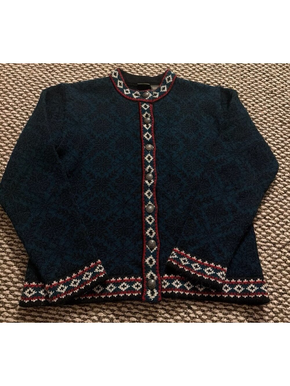 VTG LL Bean Merino Wool Nordic Snowflake Green Cardigan Sweater Size XS